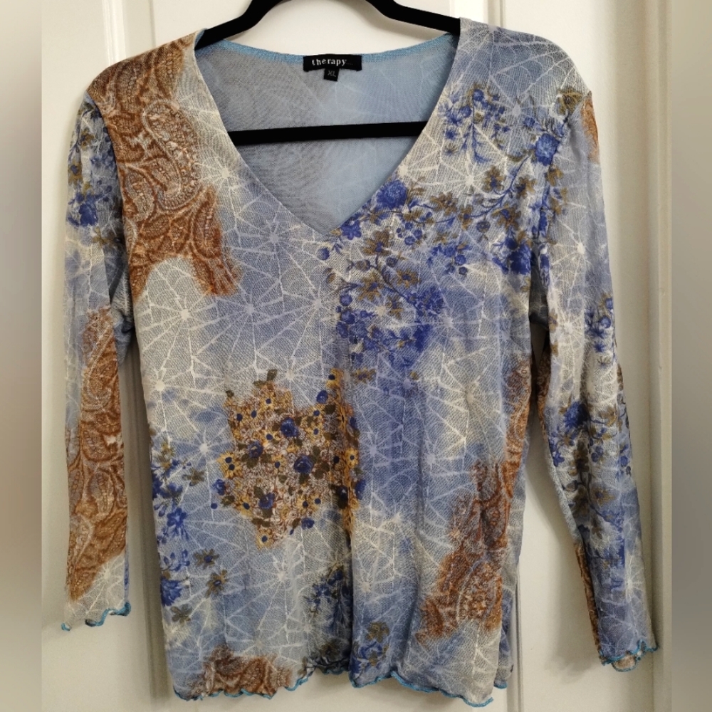 Y2K Spiderweb Flower Blue/Gold Spring 3/4 Sleeve Blouse by Therapy Size XL